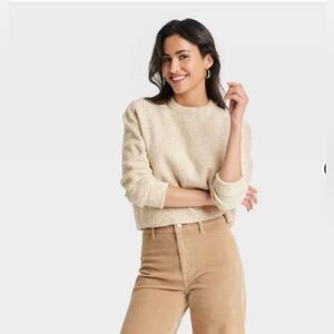 Loft small petite women oatmeal color pink,tan,blue and yellow mock neck sweater